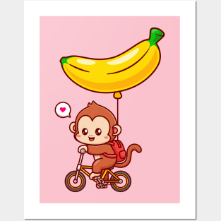 Cute Monkey Riding Bicycle With Banana Balloon Cartoon Posters and Art